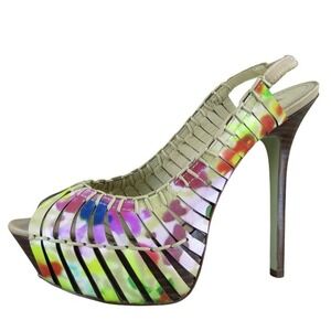 Report Signature Platform Heels Slingback Peep Toe Colorful Strappy Heels Sz 7.5